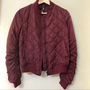 Burgundy/maroon quilted bomber jacket